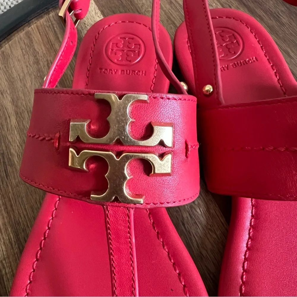 Tory Burch Eleanor T-Strap Sandals Red Leather US7